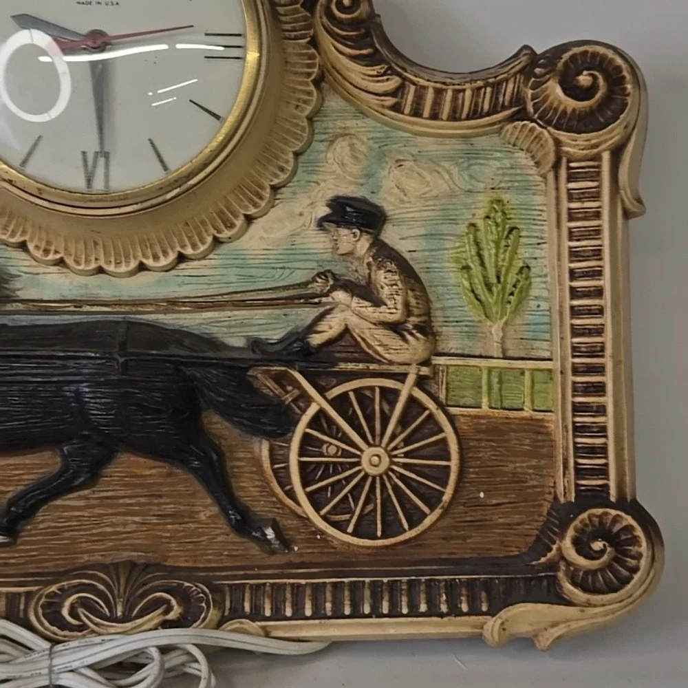 Vintage Wall Clock Horse & Sulky Race Carriage Ornate Gold Frame Working Quartz‎